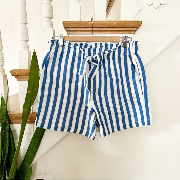 NEW J. Crew Factory Pull-On Paperbag Short Blue White Stripe Cotton Linen Sz S - Picture 2 of 9